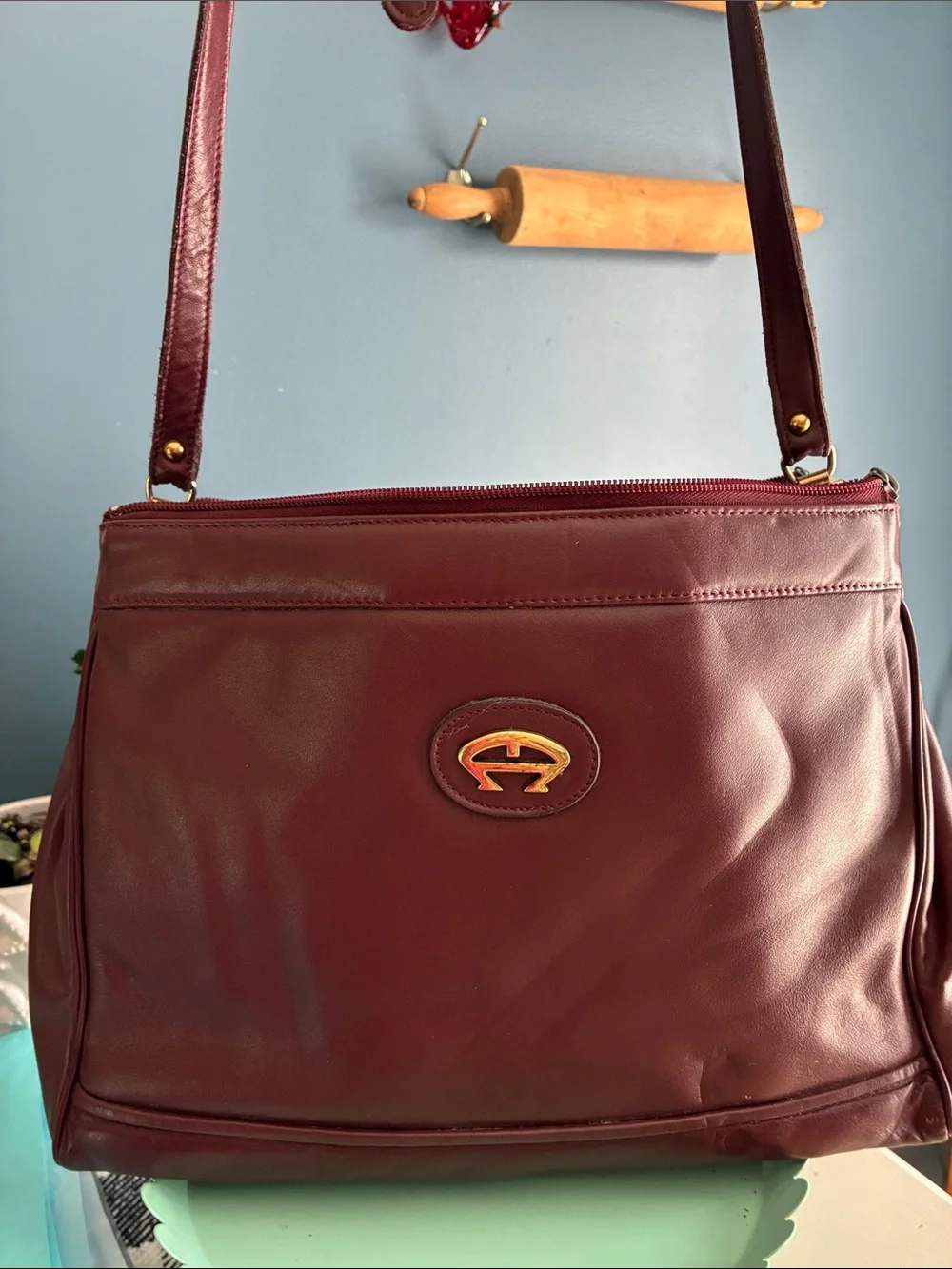 Vintage Aigner Burgundy Leather Shoulder Bag with Gold Emblem